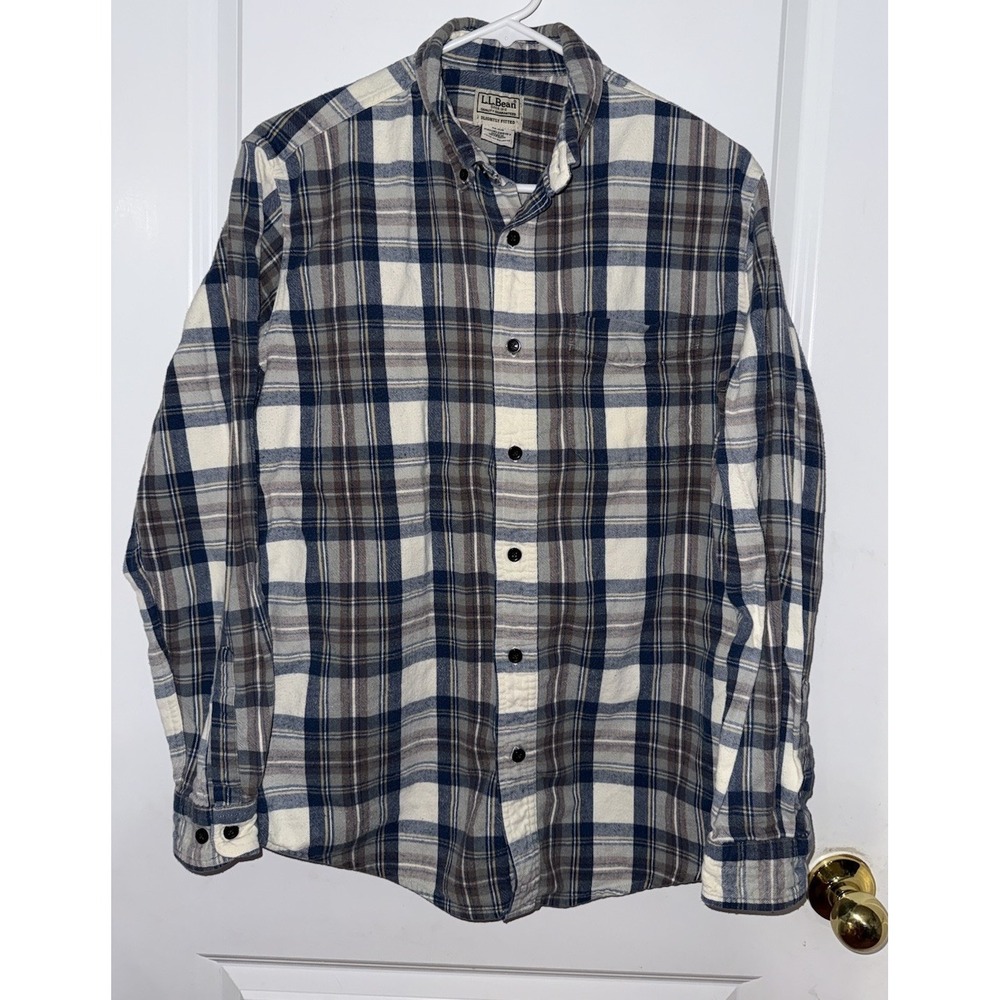 LL Bean Vintage Mens Size Medium Flannel Button‎ Down Shirt Gray Navy
